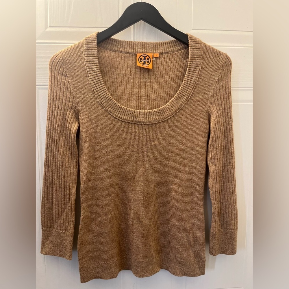 Tory Burch Merino Wool Ribbed Scoop Neck Sweater